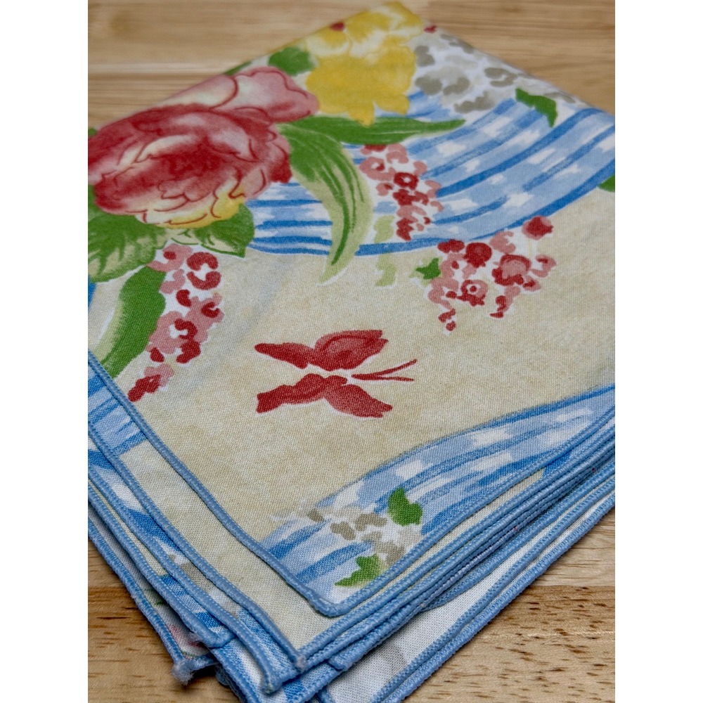 Set of 6 VTG Floral Cloth Napkins Blue Trim Pink Yellow Cottagecore Shabby Chic